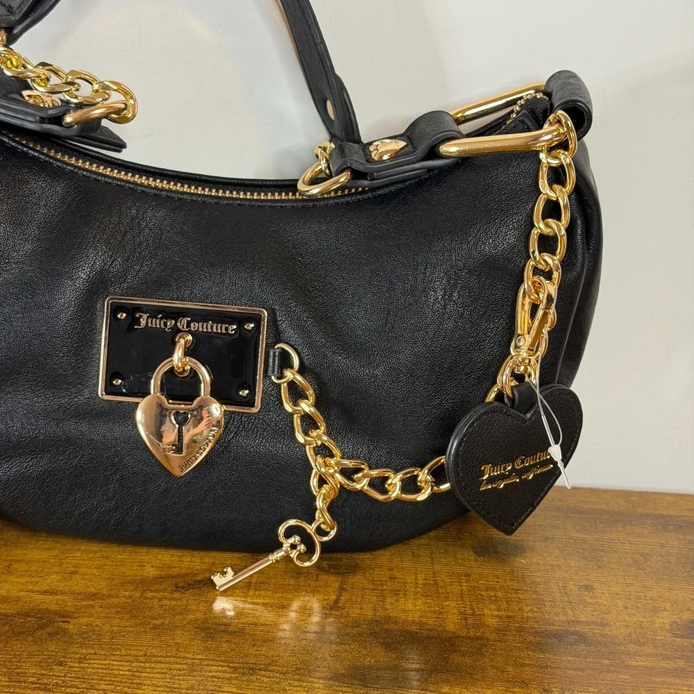 New Juicy Couture Rolling On Hobo Shoulder Handbag Black Gold Charms Cute